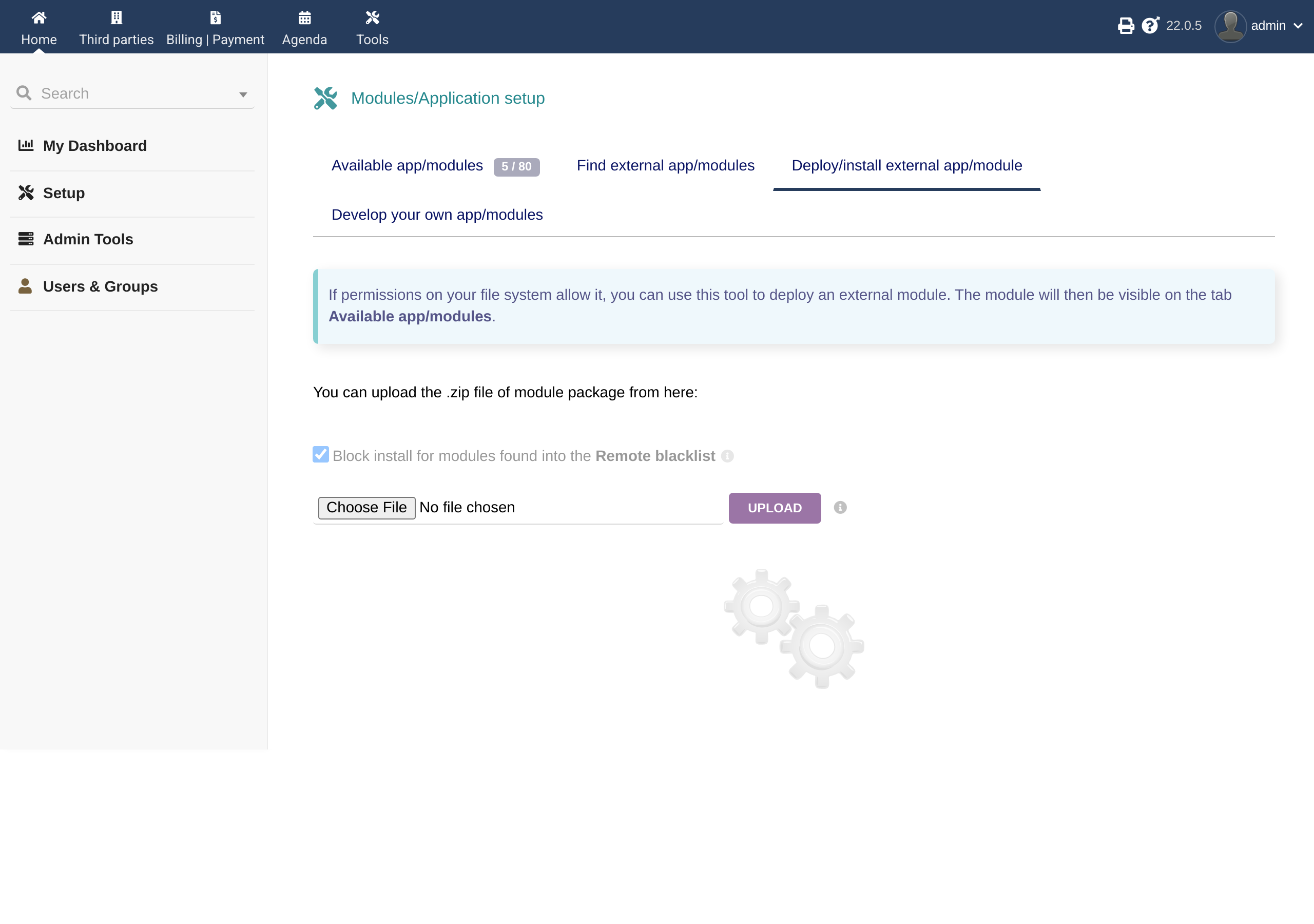 Dolibarr's "Deploy/install external module" tab, where you upload the ZIP.