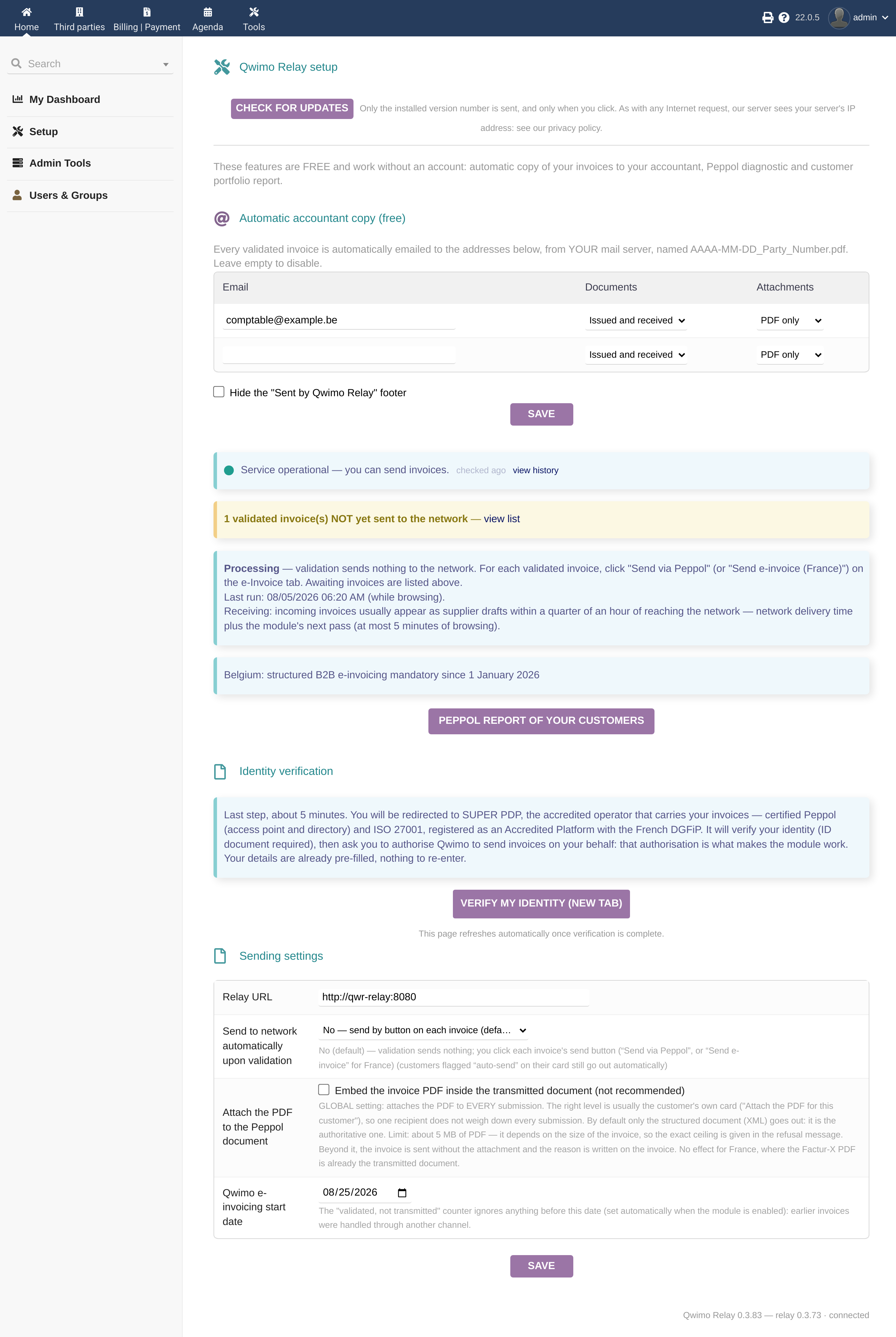 The module configuration page: access key, service status indicator and sending settings.