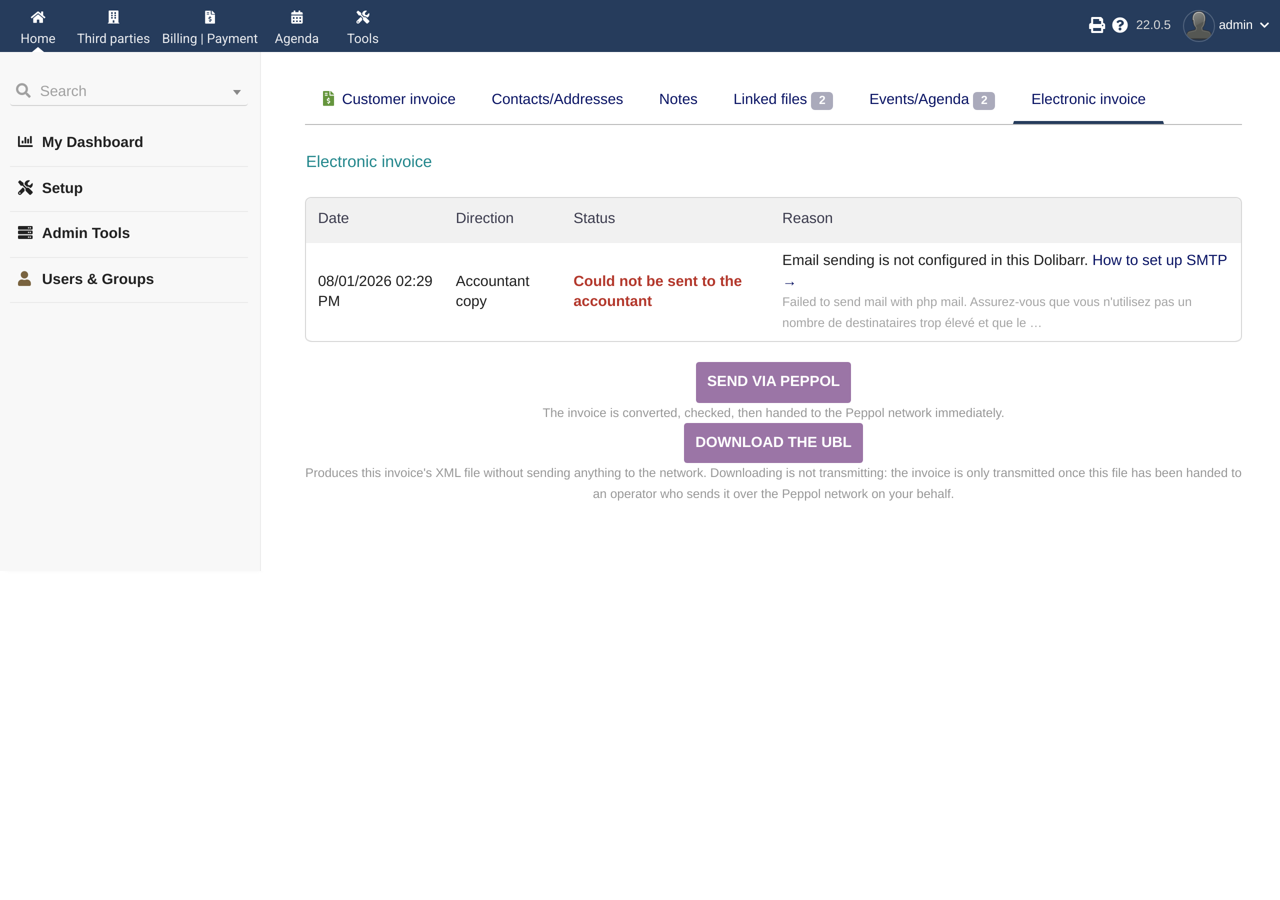 The "Electronic invoice" tab of a validated invoice: the send button, the attempt history and the state.