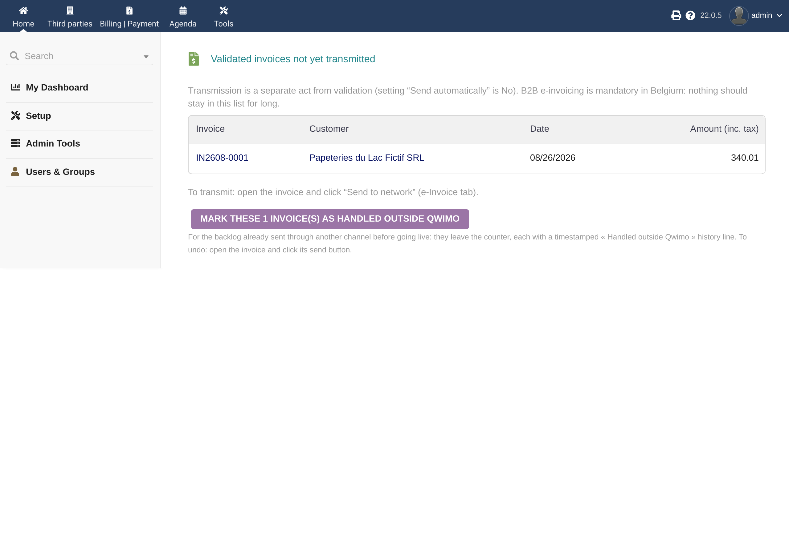 The "Validated invoices not yet transmitted" page, with its bulk action.