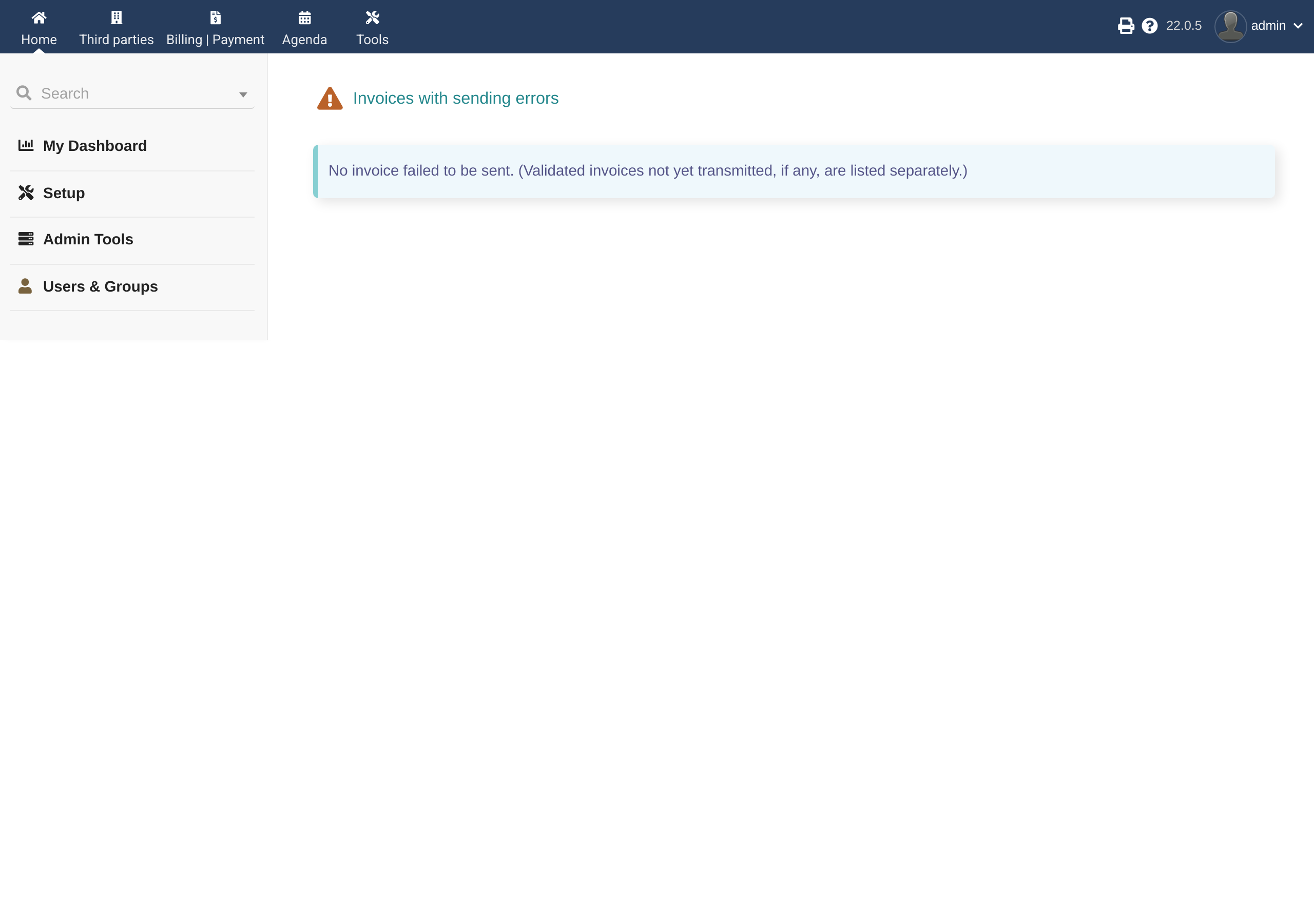 The "Invoices with sending errors" page and its Reason column.