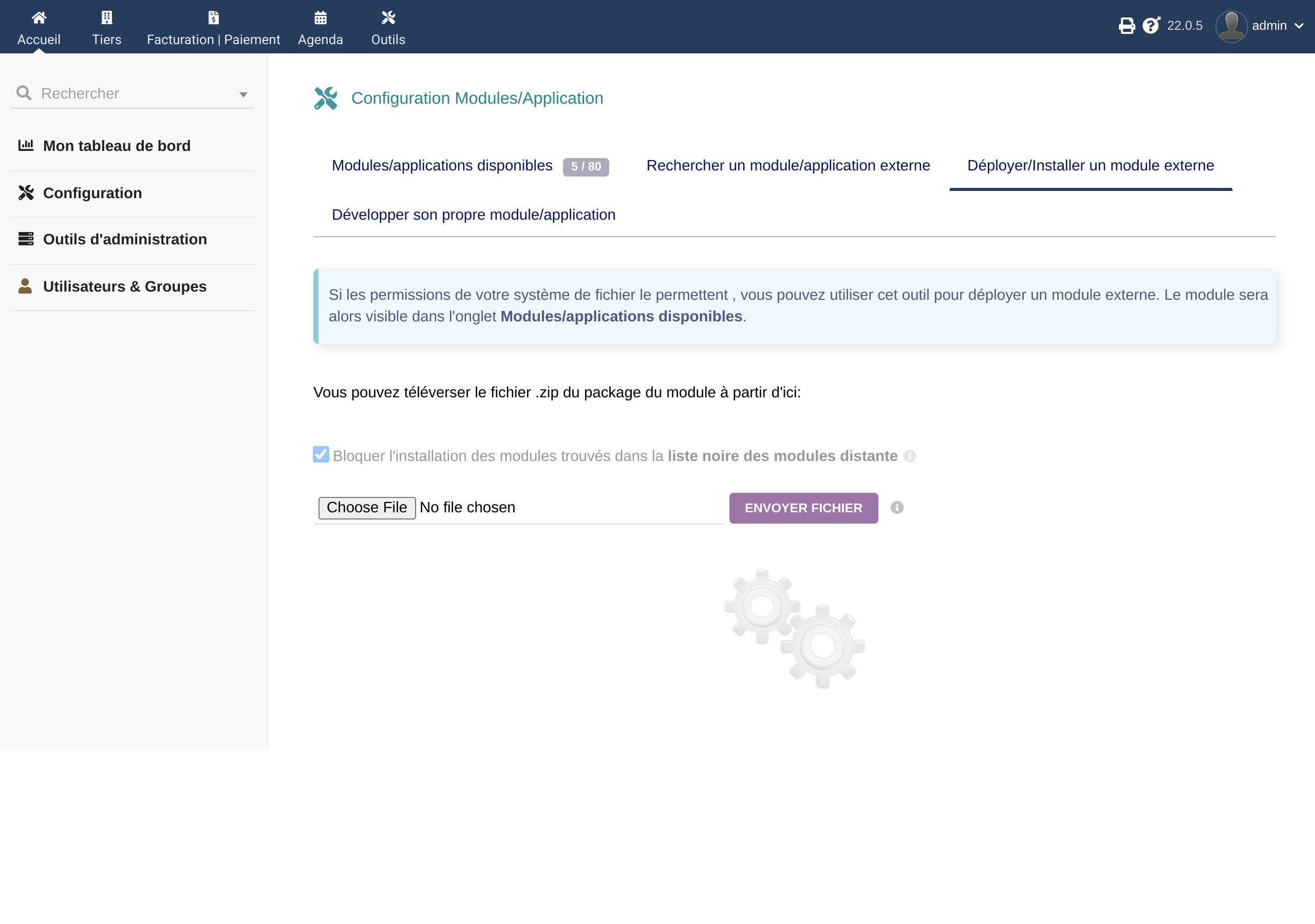 L'onglet « Déployer/Installer un module externe » de Dolibarr, où vous déposez le ZIP.