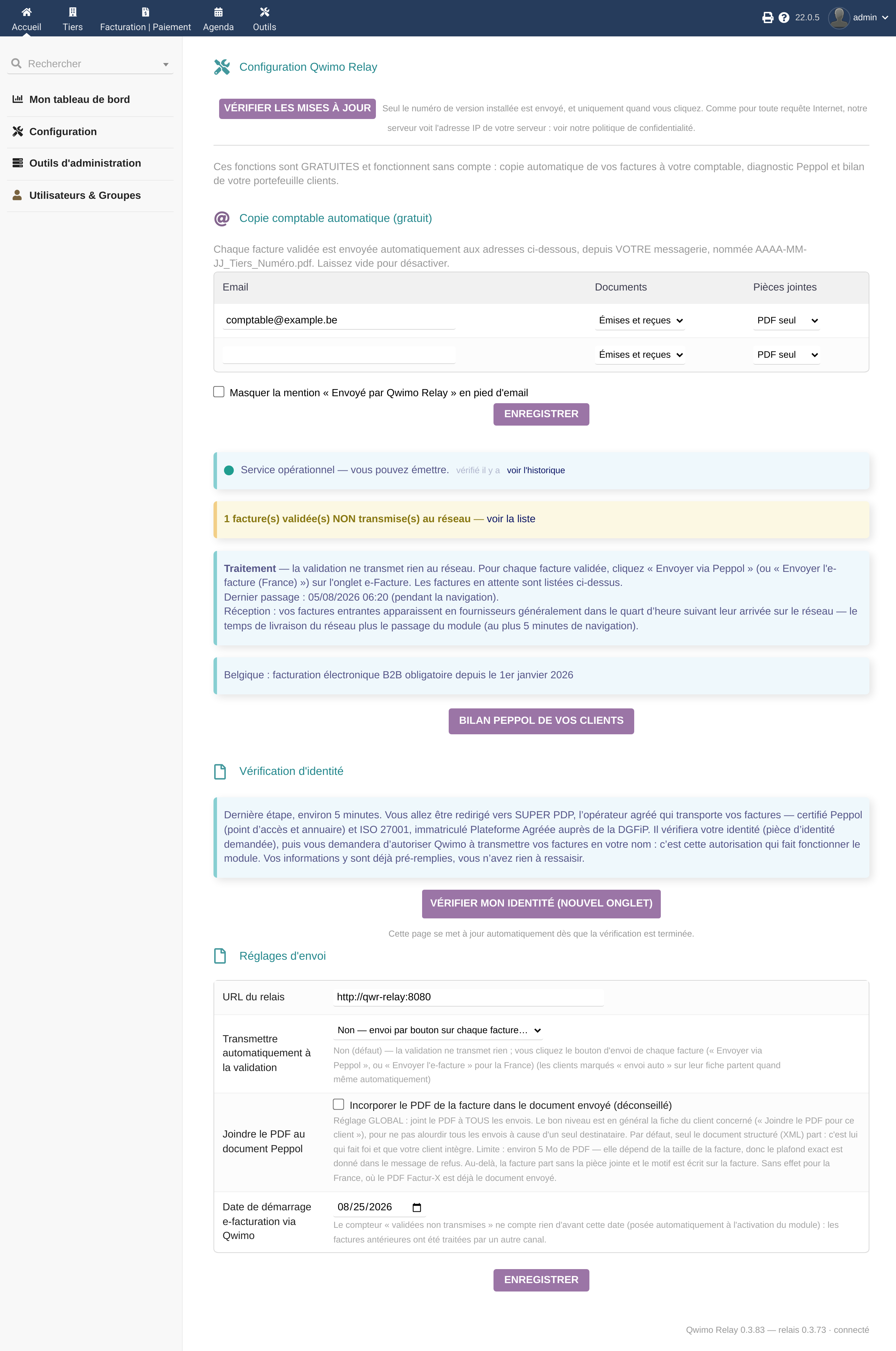 La page de configuration du module : clé d'accès, voyant d'état du service et réglages d'envoi.